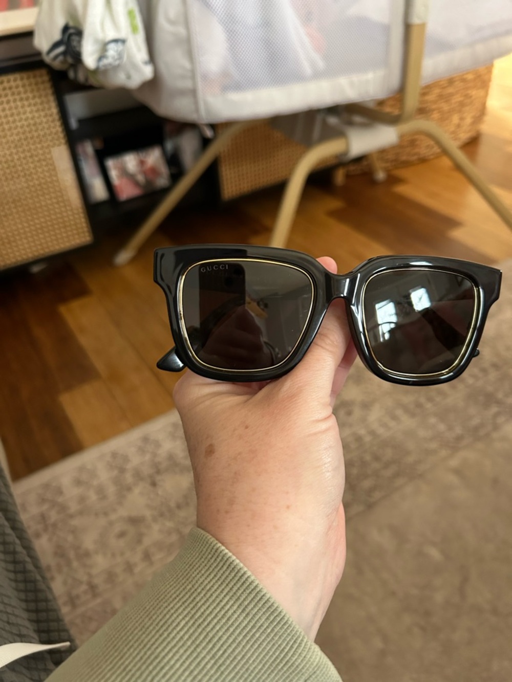 Gucci Black Square Sunglasses with Gold Trim